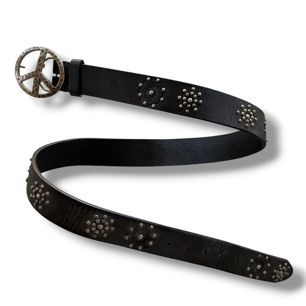 Brighton Women's 36 Black Leather Peace Sign Buckle Studded Belt Boho Hippie Y2K